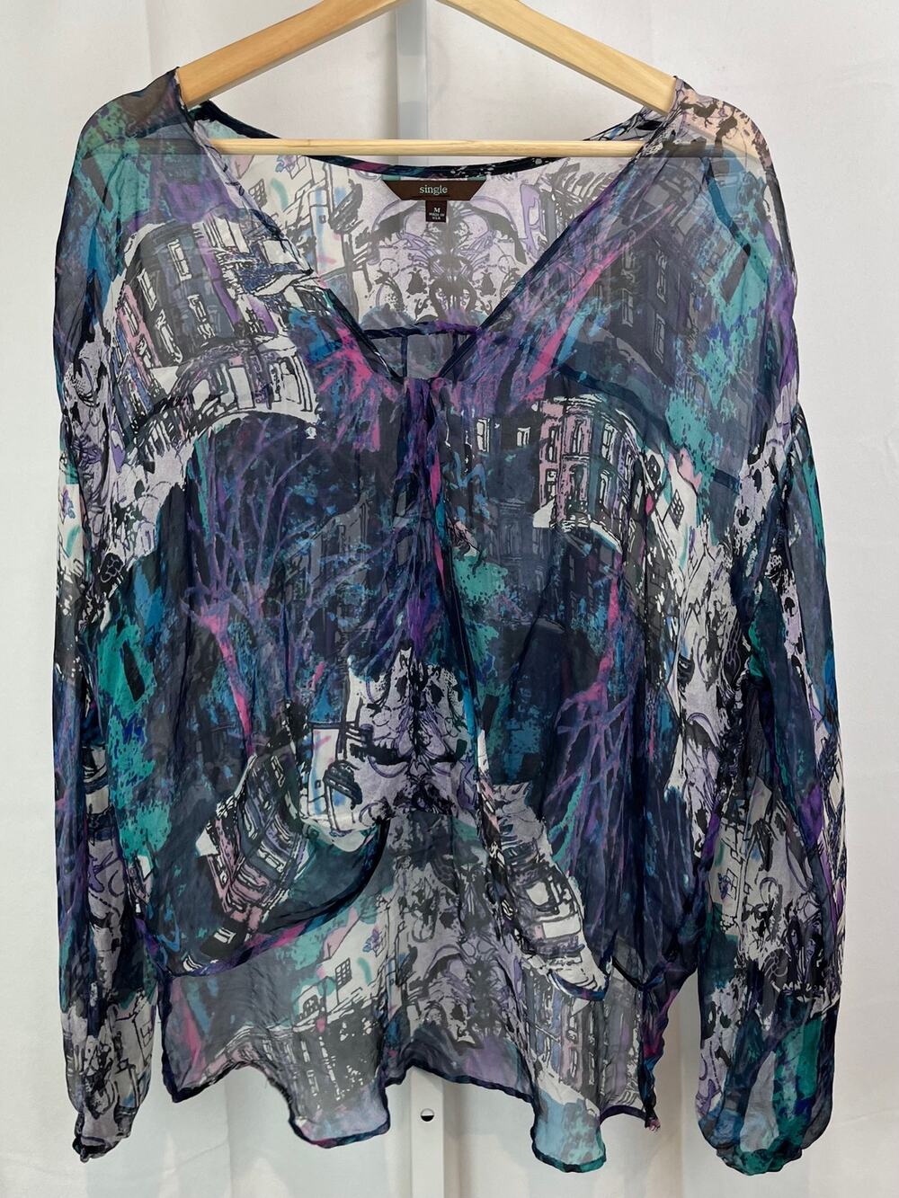 SINGLE City  M Print Silk Long Sleeve Wrap Top Hi Low Sheer Multicolor Blue USA